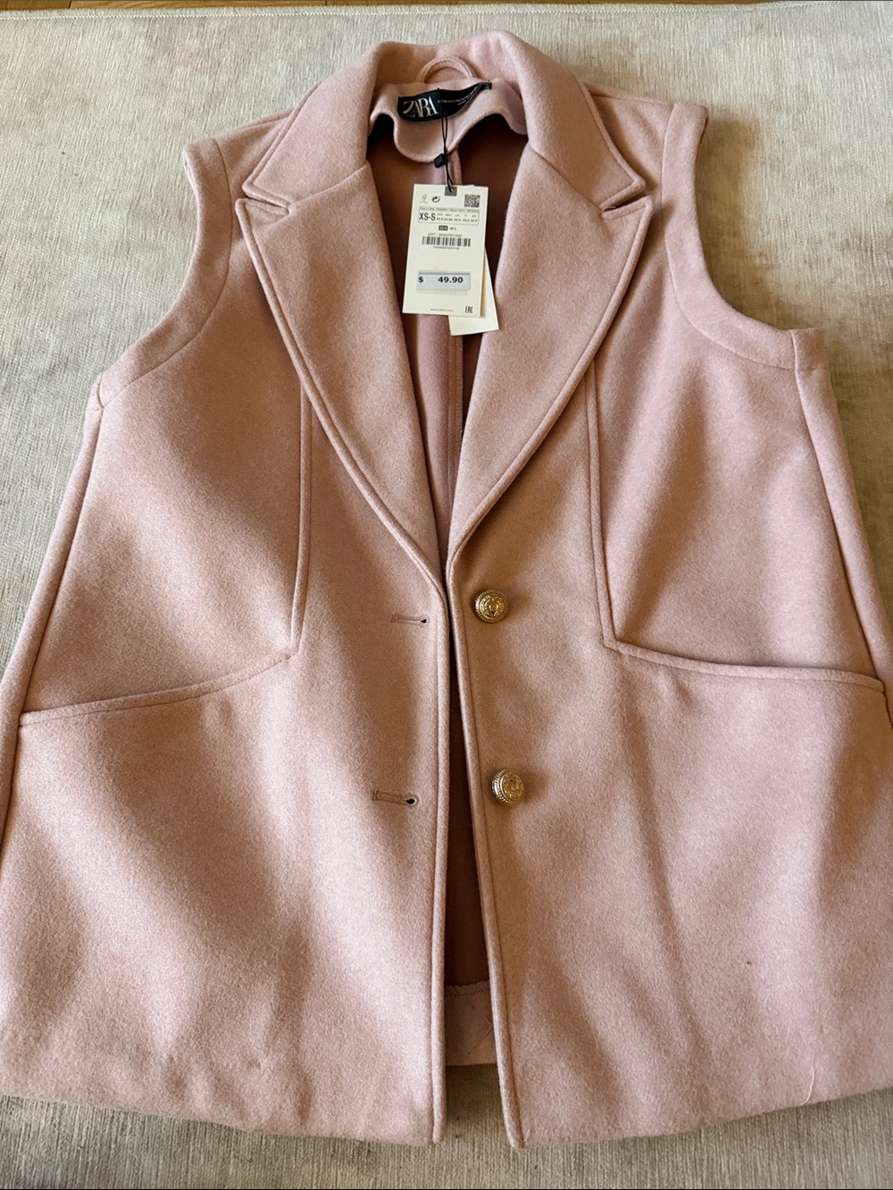 Zara NWT Blush Pink Sleeveless waistcoat Vest with Gold Buttons XS/S